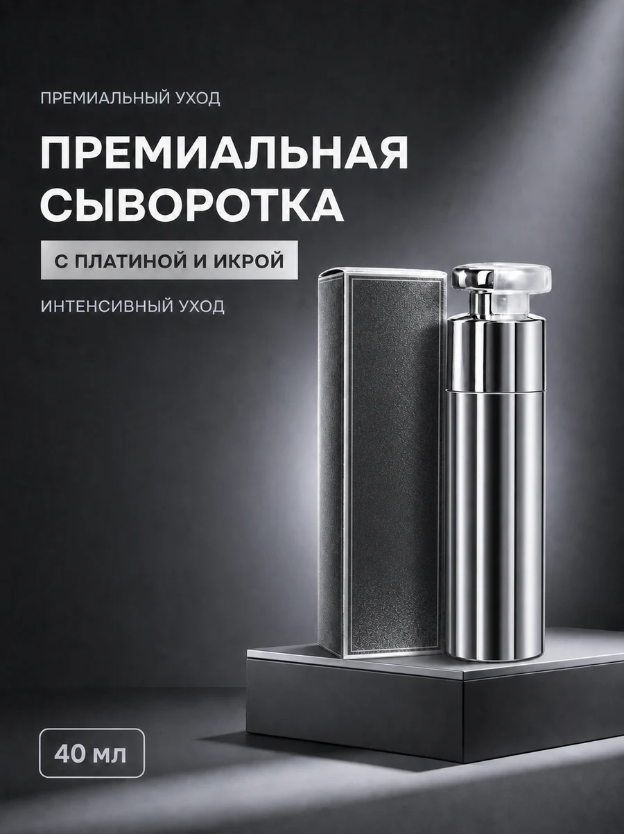 Обезличенная карточка премиальной сыворотки в графитовой CGI-сцене